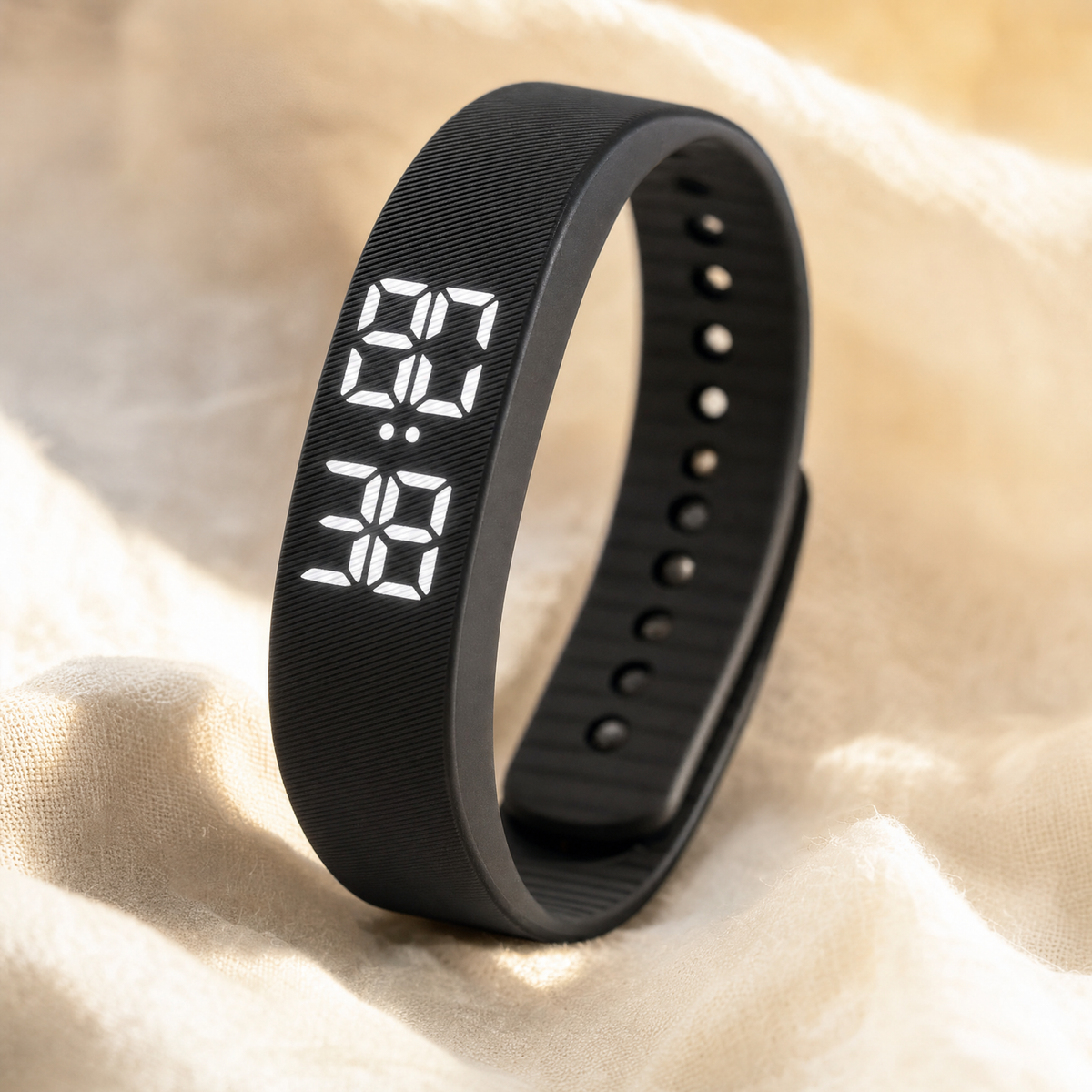 Close-up of the LED digits and ribbed silicone strap of the black alarm wristband