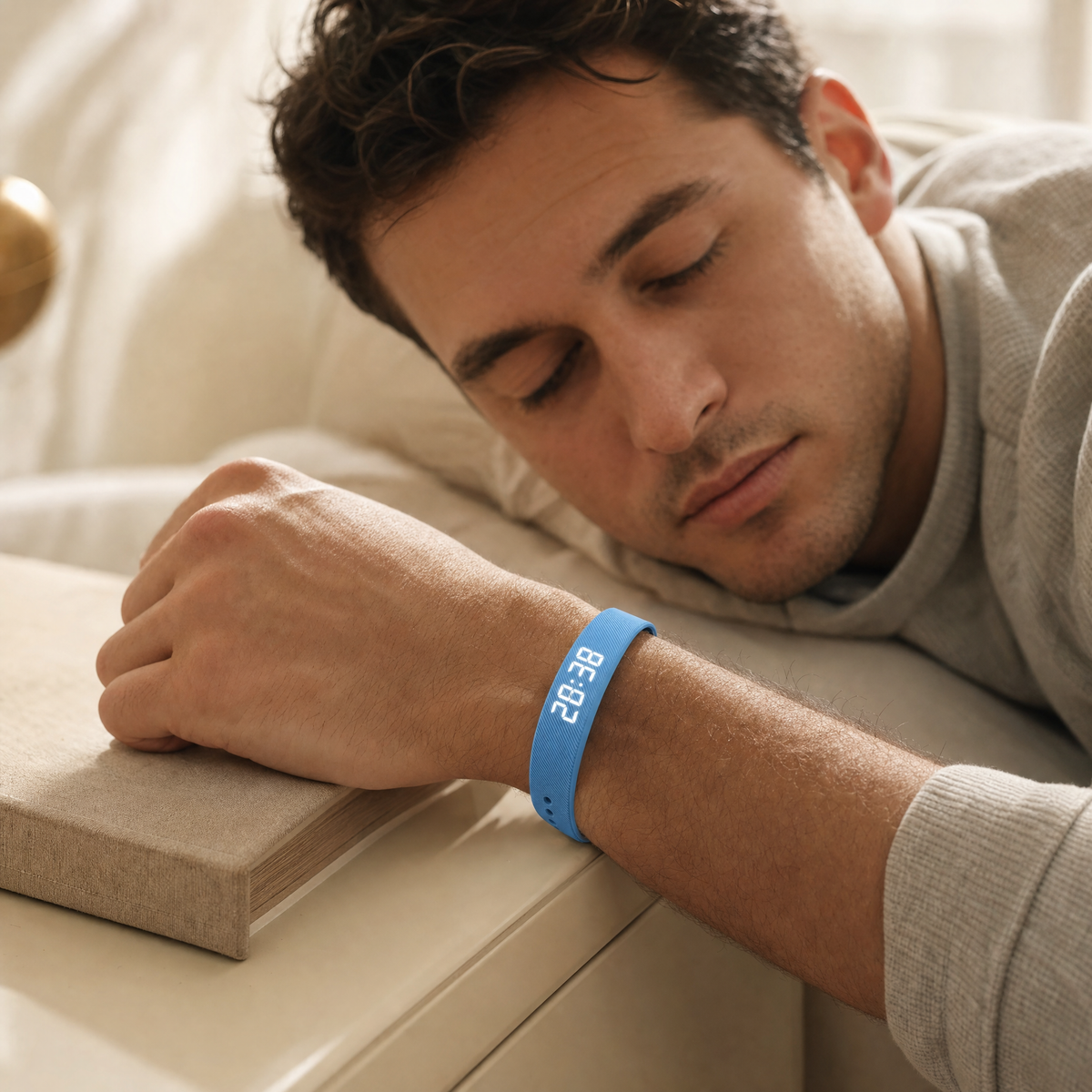 Blue vibrating alarm wristband worn by a man resting in bed