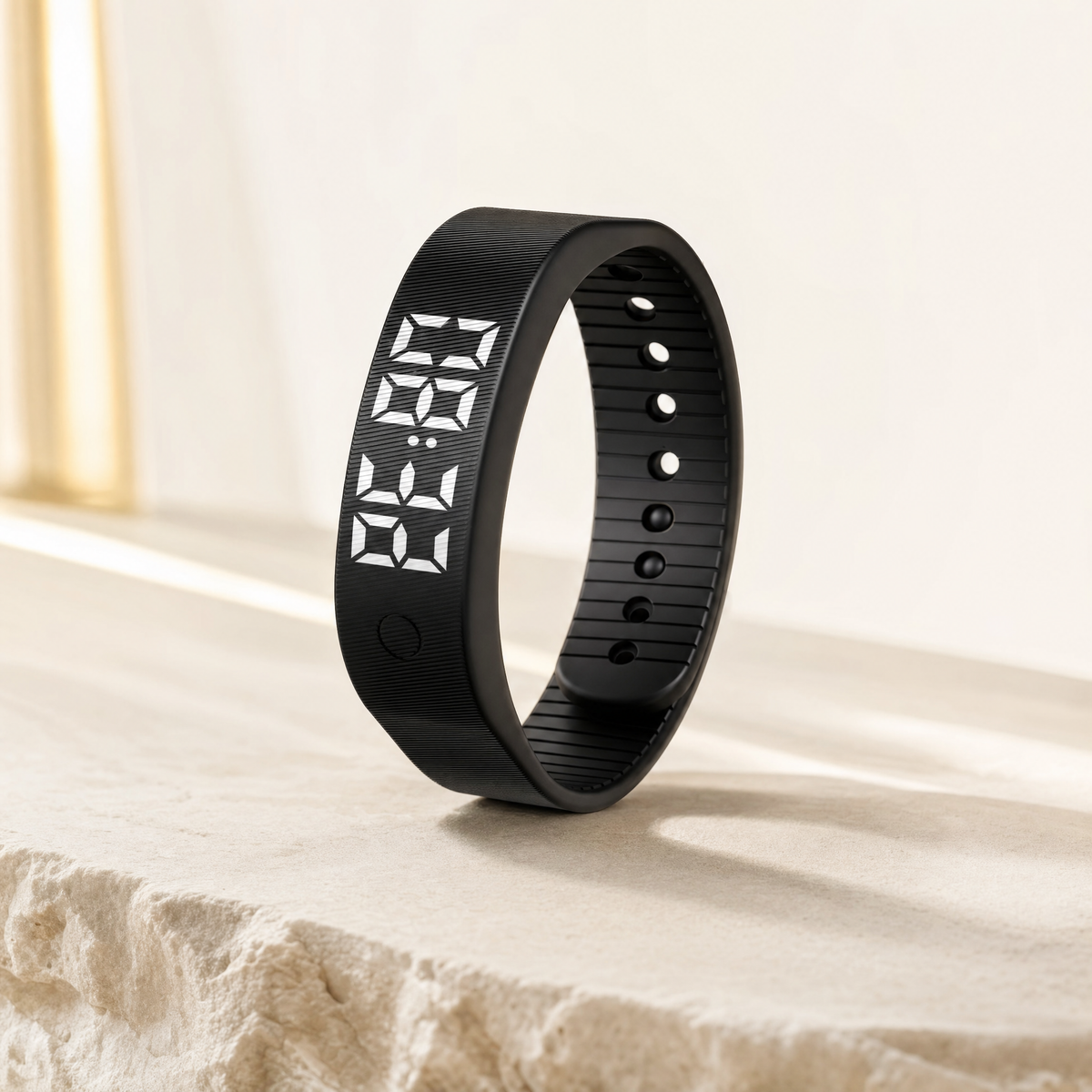 Black vibrating alarm wristband with LED display on a cream stone surface
