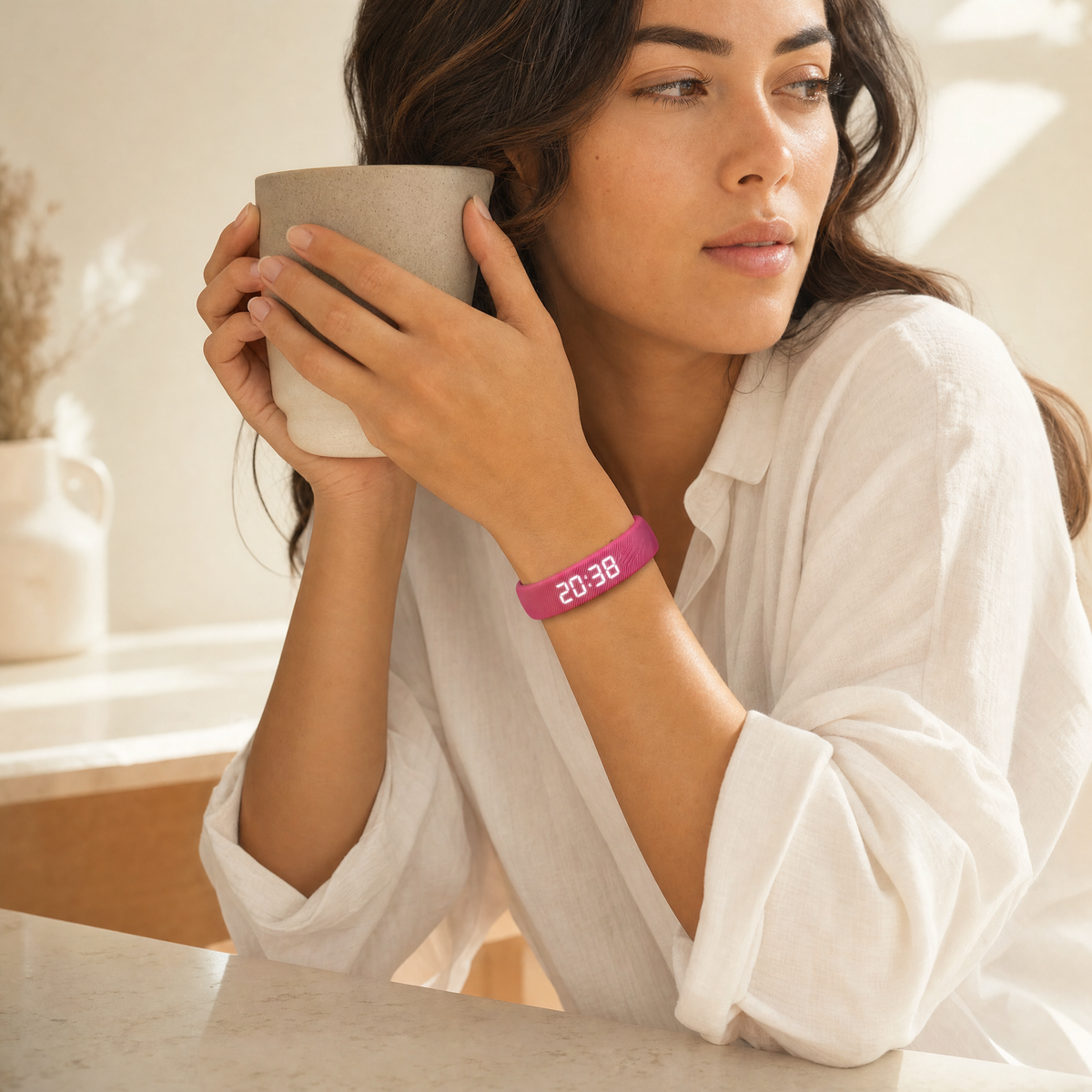 Pink vibrating alarm wristband worn by a woman holding a morning coffee