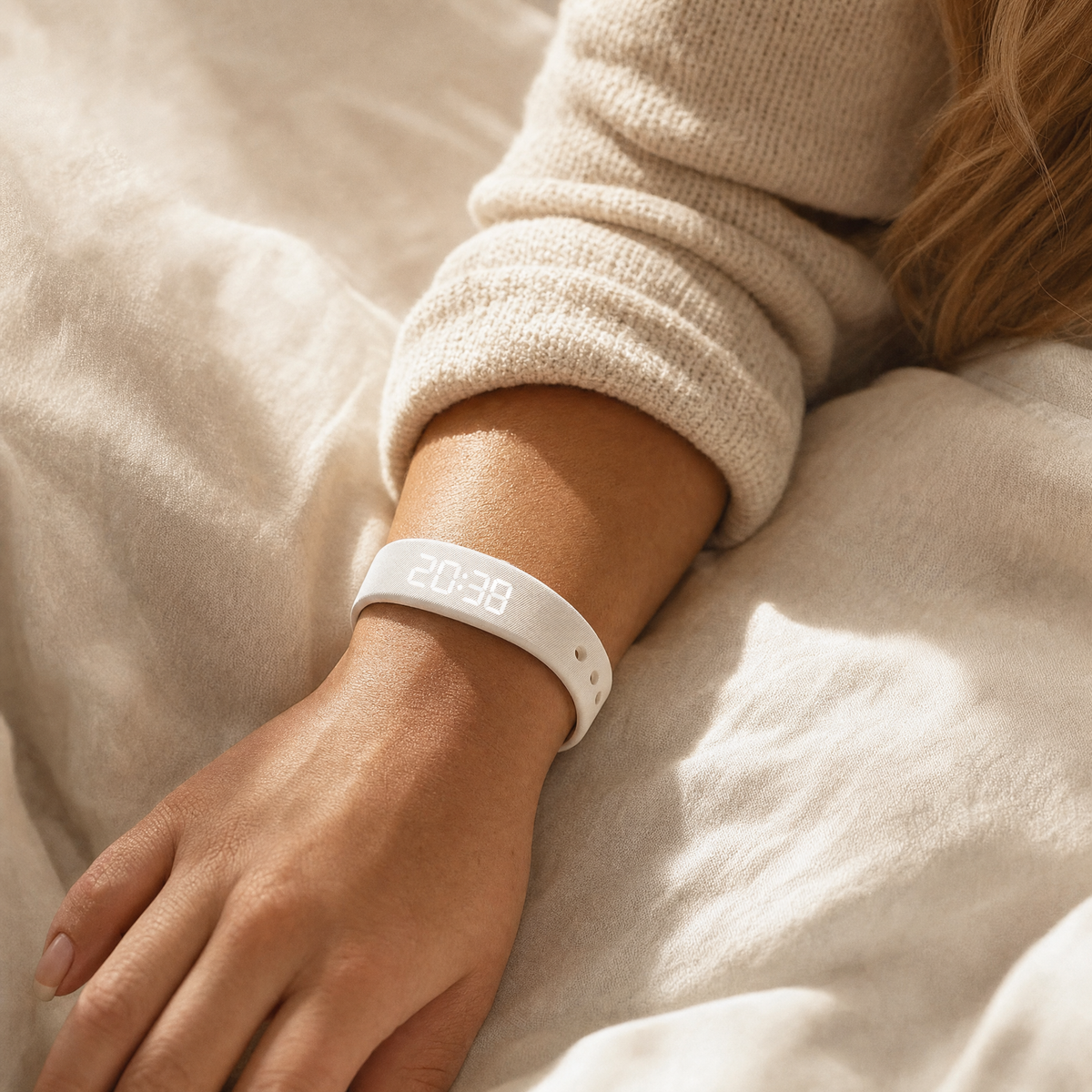 White vibrating alarm wristband worn on the wrist in bed