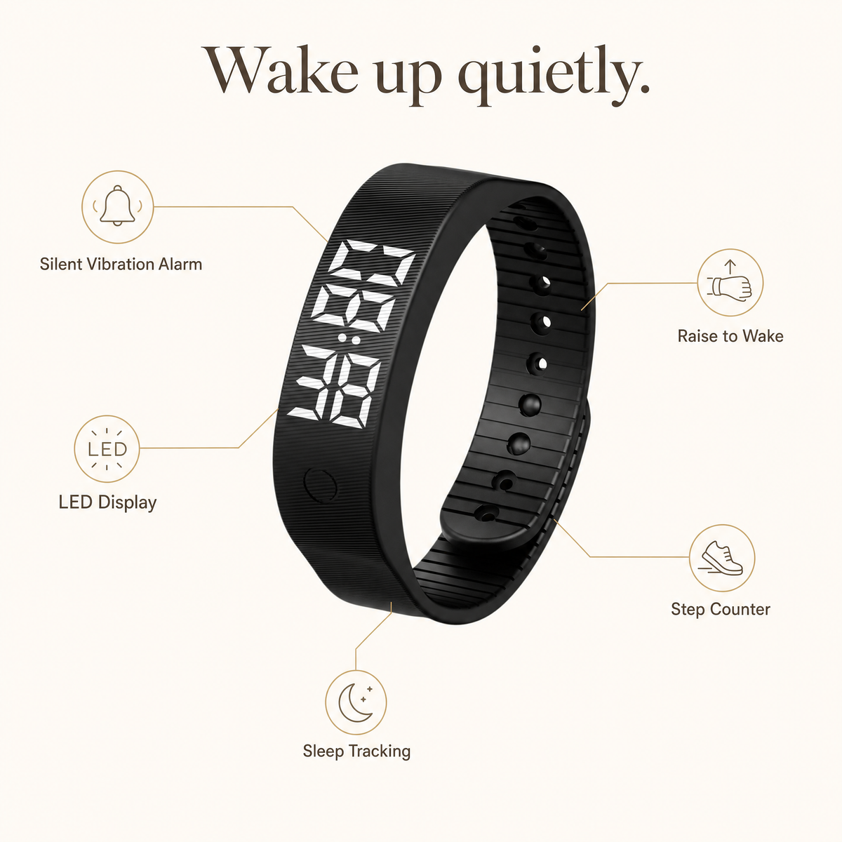 Silent vibrating alarm wristband features: vibration alarm, LED display, raise to wake, step counter, sleep tracking