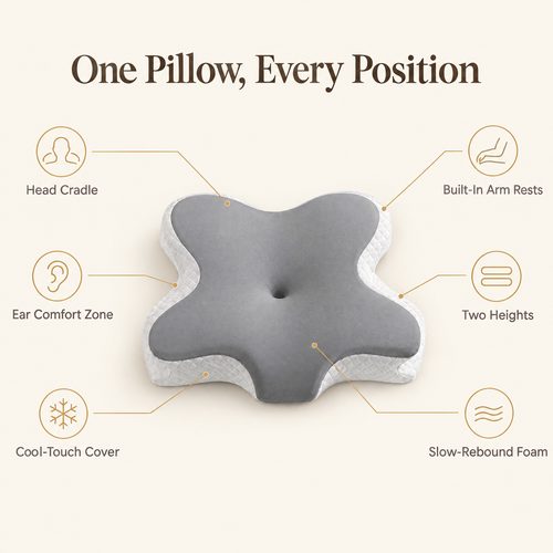 Butterfly memory foam pillow with head cradle, ear comfort zone, built-in arm rests and two heights