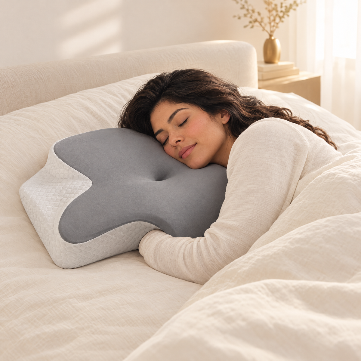 Woman side sleeping on a light gray butterfly memory foam pillow with her arm in the arm rest