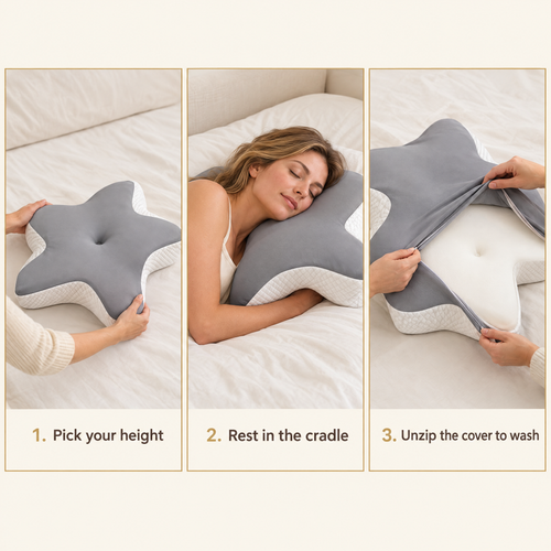 How to use the butterfly memory foam pillow: pick your height, rest in the cradle, unzip the cover to wash