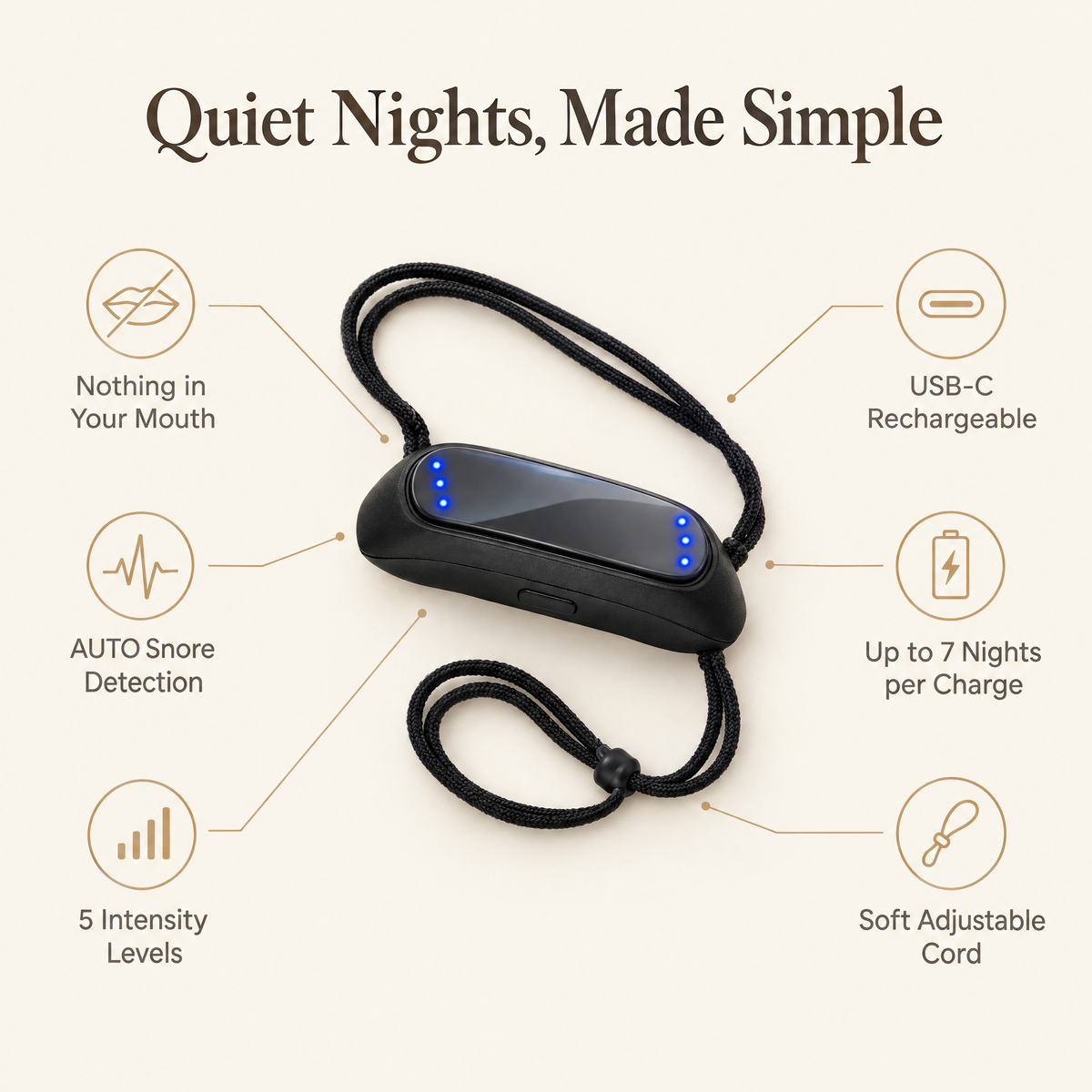 Smart anti-snore chin device benefits: nothing in your mouth, AUTO snore detection, 5 intensity levels, USB-C rechargeable, up to 7 nights per charge