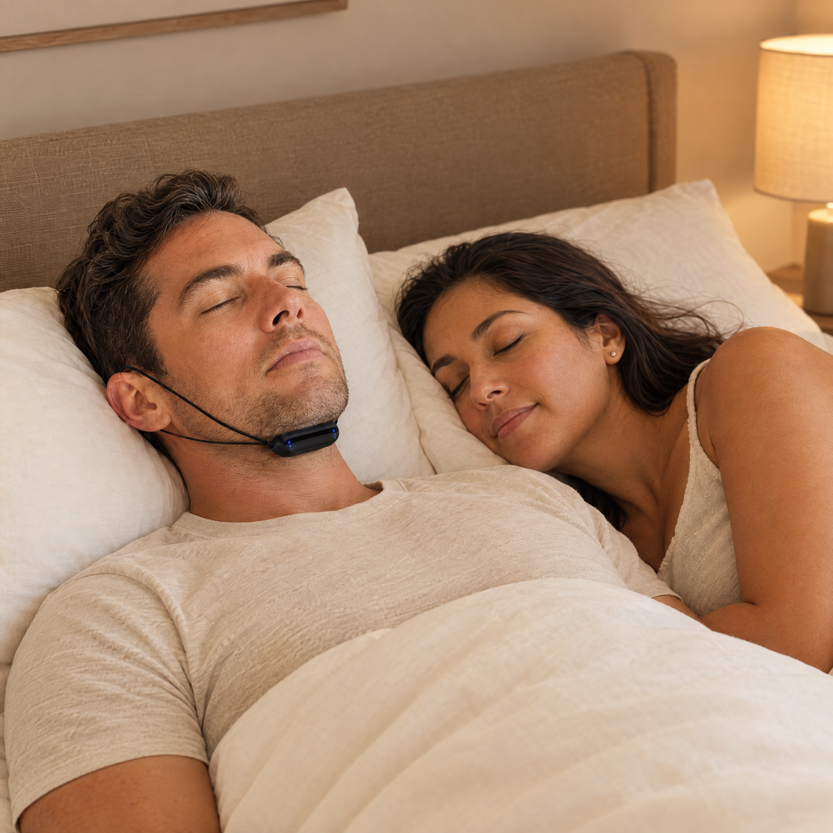 Couple sleeping peacefully, man wearing the smart anti-snore chin device under his chin