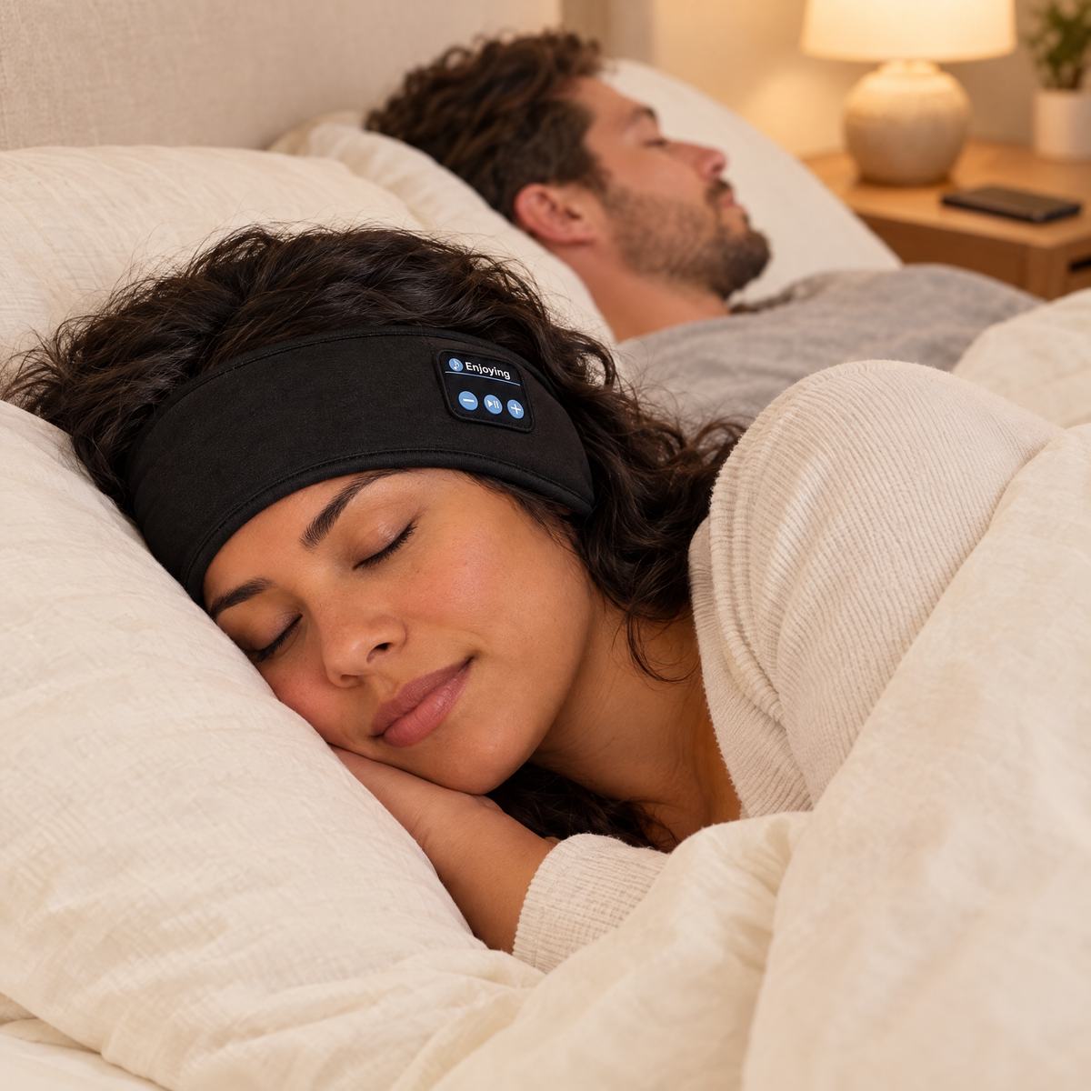 Woman side sleeping in bed wearing a black sleep headphones headband next to her sleeping partner