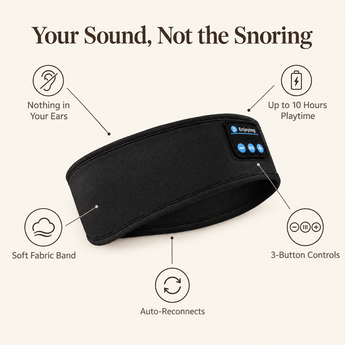 Sleep headphones headband benefits: nothing in your ears, soft fabric band, up to 10 hours playtime, 3-button controls, auto-reconnects
