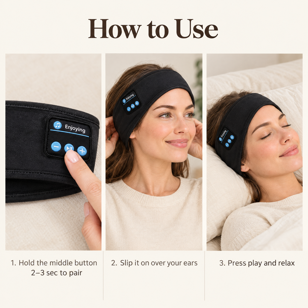 How to use the sleep headphones headband: pair, slip it on over your ears, press play