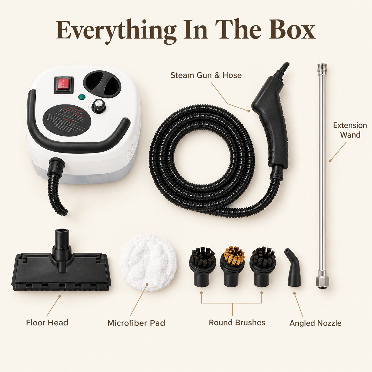 Everything in the box: steam cleaner, steam gun and hose, extension wand, floor head, microfiber pad, round brushes and angled nozzle