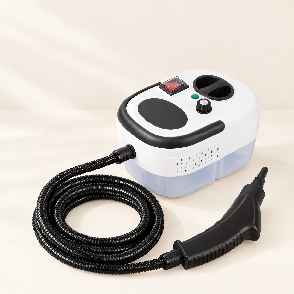 White portable handheld steam cleaner with hose and steam gun