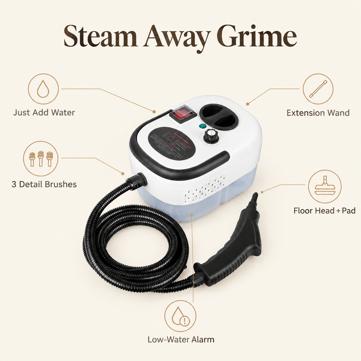 Portable handheld steam cleaner with benefit callouts: just add water, detail brushes, extension wand, floor head and low-water alarm
