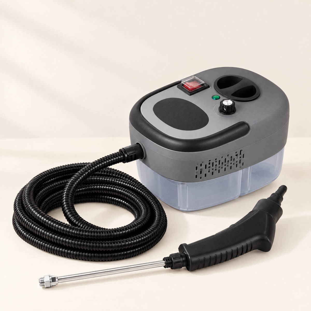 Gray portable handheld steam cleaner with hose, steam gun and extension wand