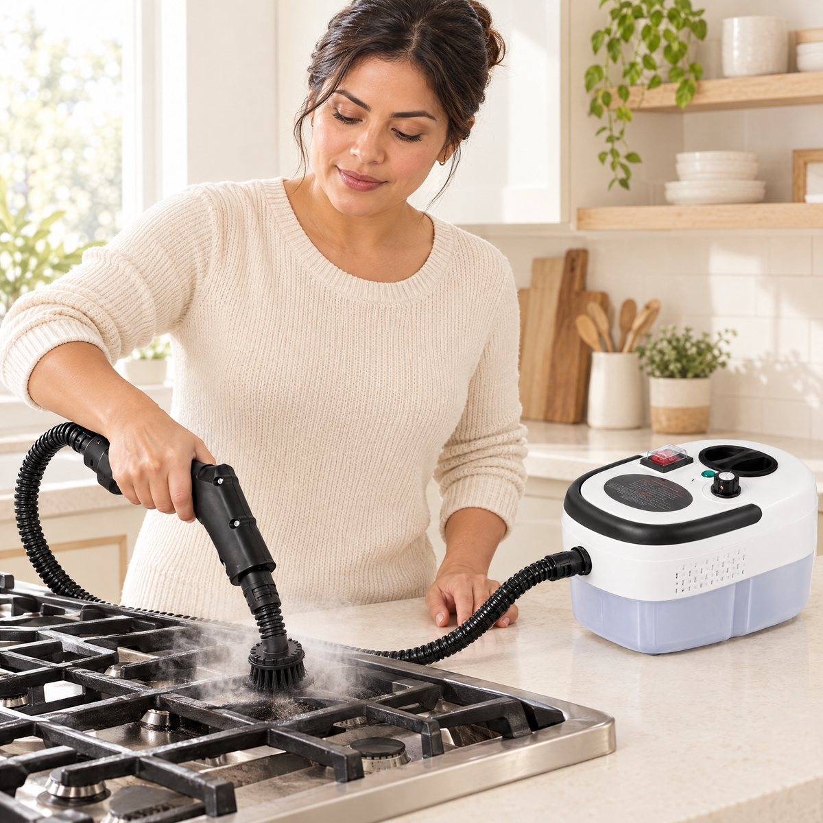 Woman cleaning a kitchen stovetop with a handheld steam cleaner