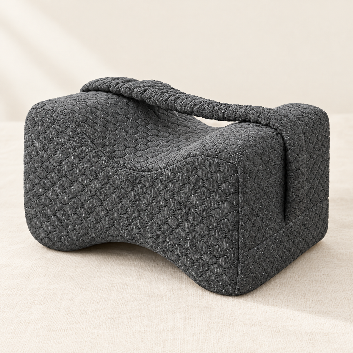 Gray memory foam knee pillow with leg strap