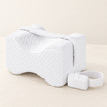 White memory foam knee pillow with leg strap