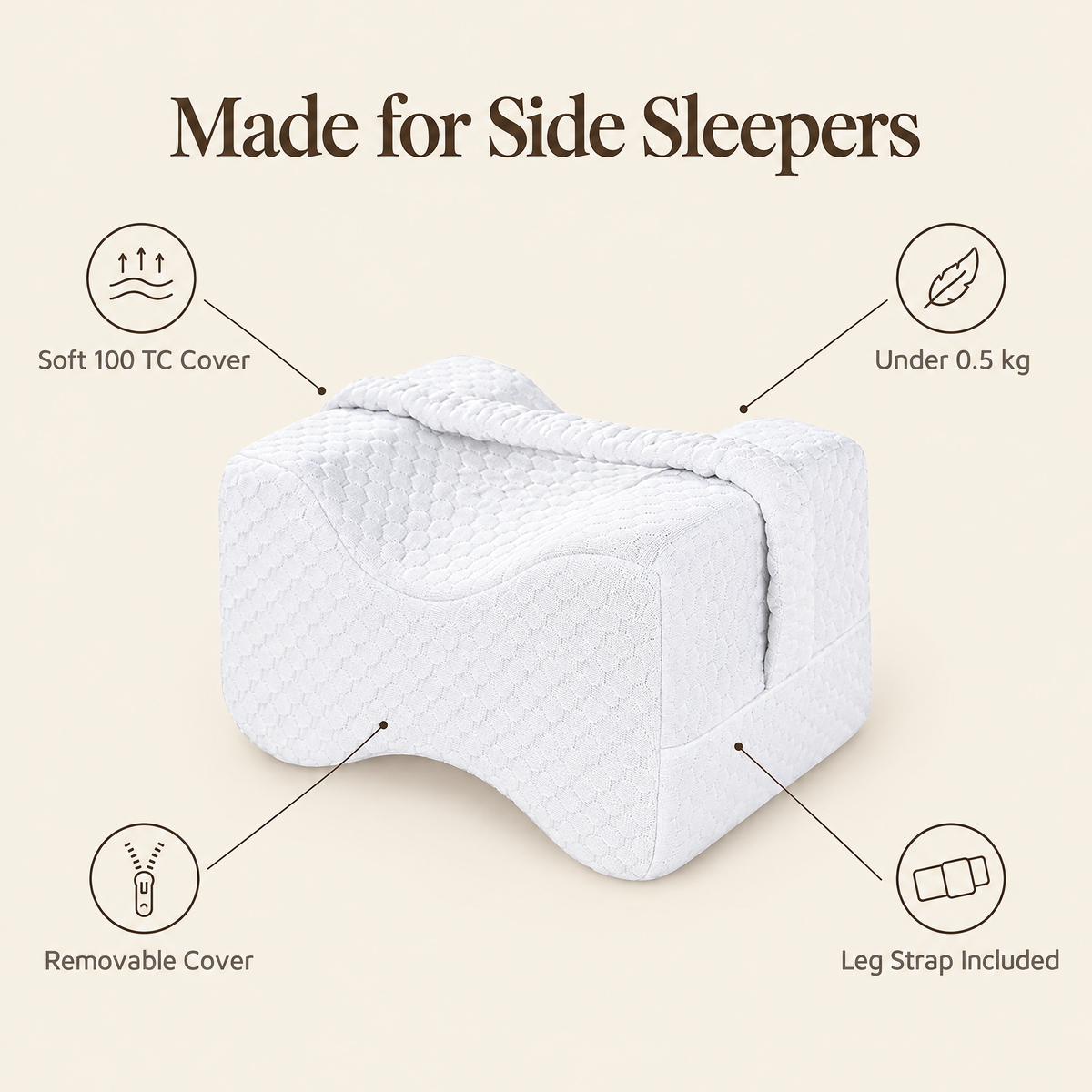 Knee pillow made for side sleepers - removable cover and leg strap included