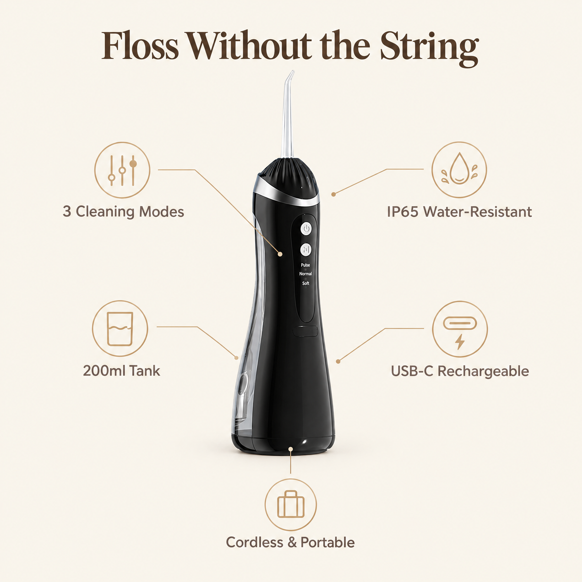 Portable water flosser benefits: 3 cleaning modes, 200ml tank, IP65 water-resistant, USB-C rechargeable, cordless