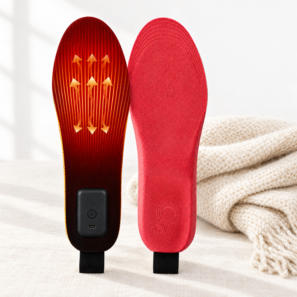 Pair of rechargeable heated insoles with heel battery unit