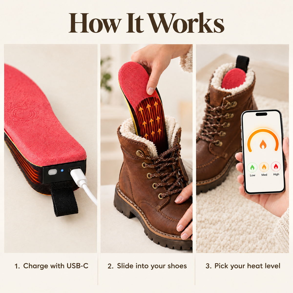 How heated insoles work: charge with USB-C, slide into your shoes, pick your heat level