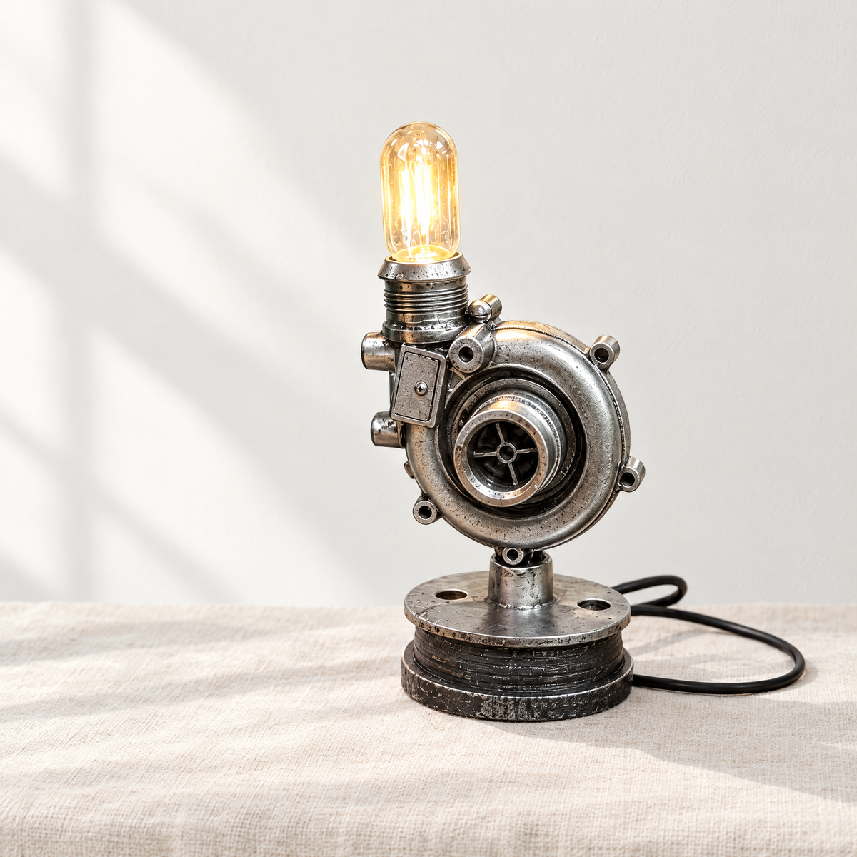 Turbocharger desk lamp with warm Edison bulb