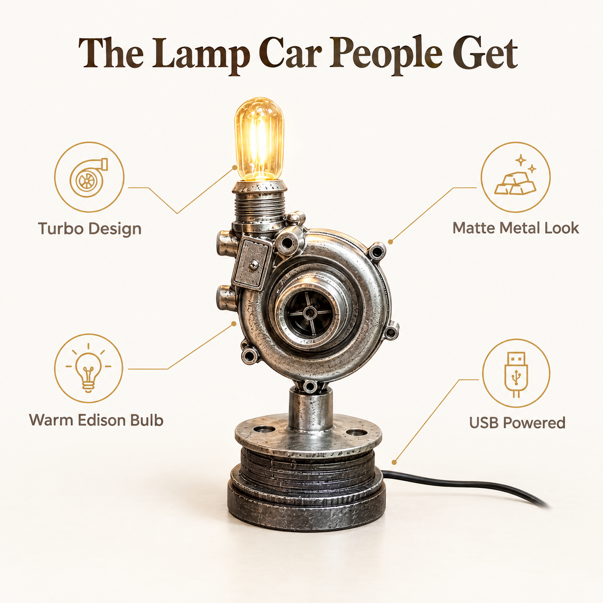 Turbo desk lamp benefits: turbo design, warm Edison bulb, matte metal look, USB powered