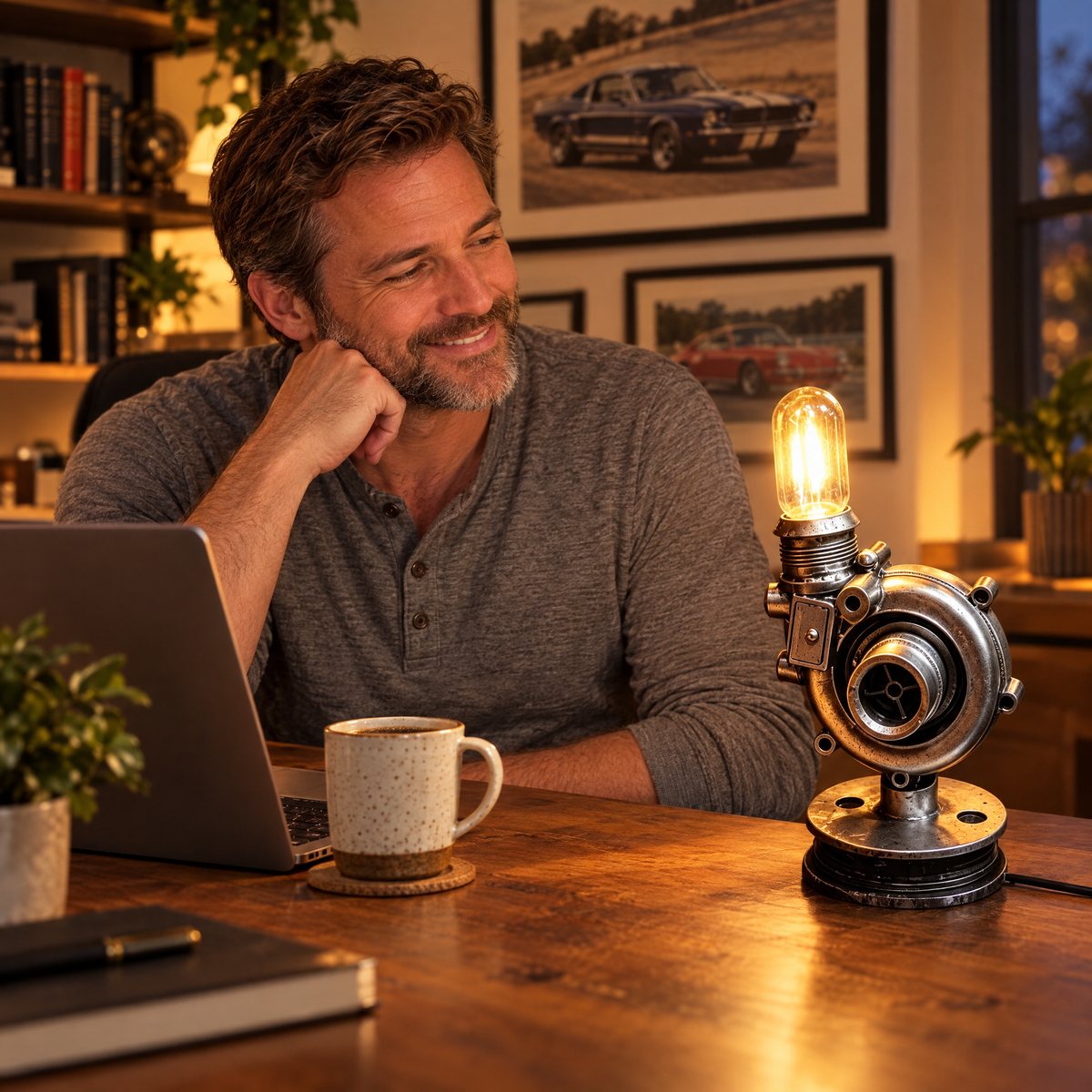 Man smiling at a turbocharger desk lamp on his home office desk