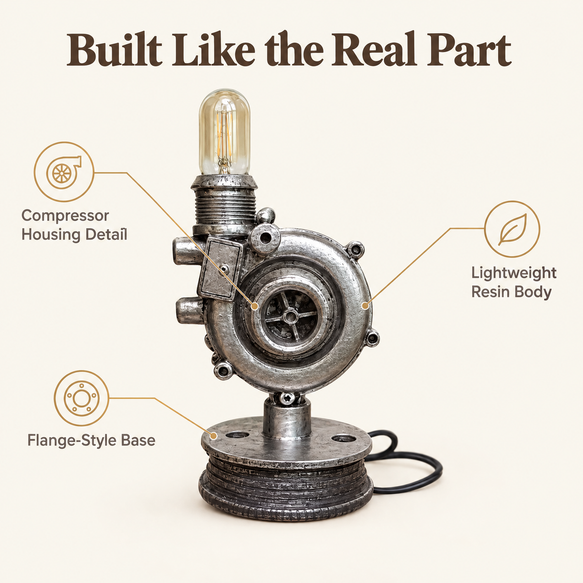 Turbo desk lamp details: compressor housing, flange-style base, lightweight resin body