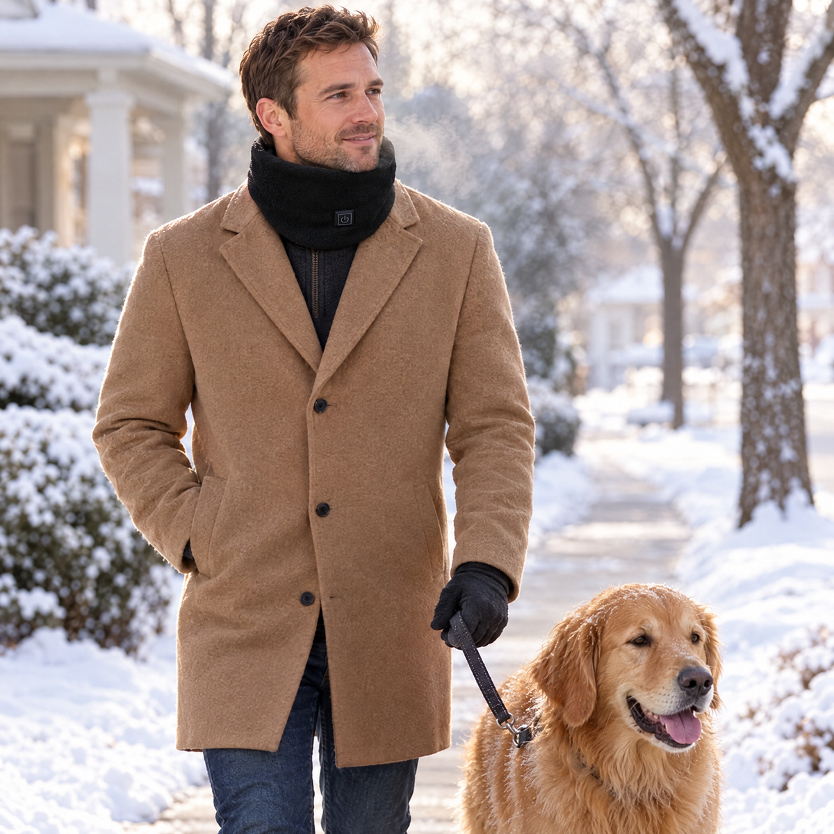 Man walking his dog in the snow wearing a black heated neck warmer