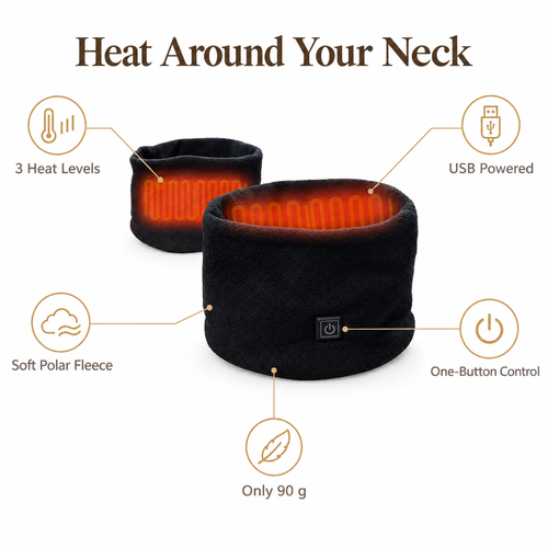 Heated neck warmer benefits — 3 heat levels, USB powered, soft polar fleece, one-button control