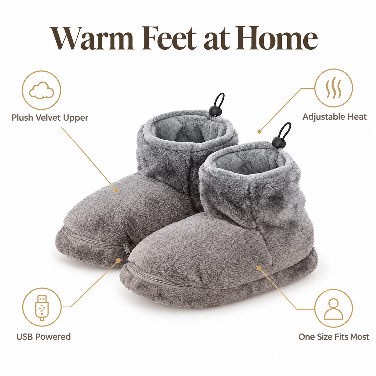 Heated slipper boots benefits — plush velvet upper, USB powered, adjustable heat, one size fits most