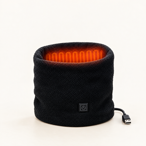 Black fleece heated neck warmer with glowing heating panel