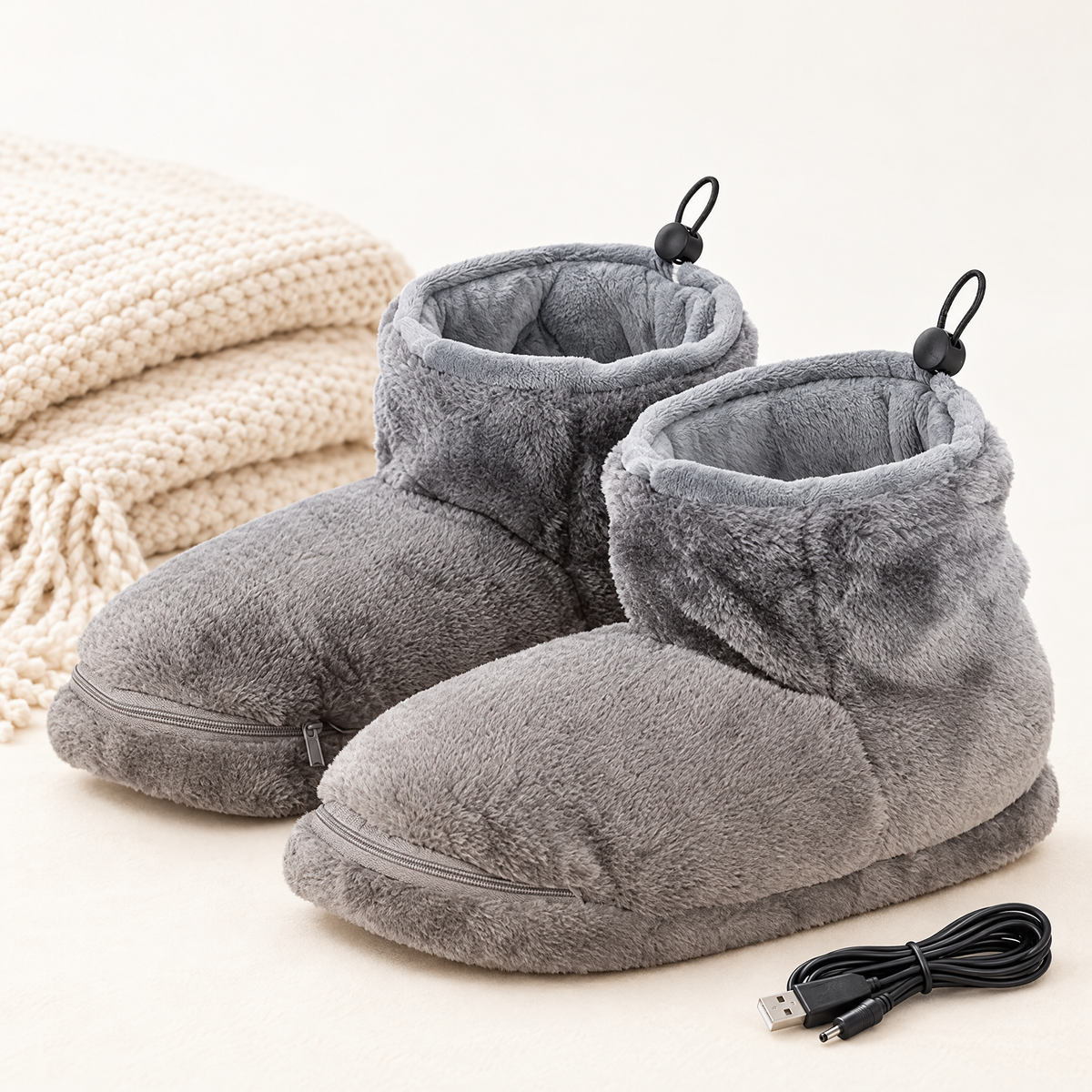 Gray plush heated slipper boots with USB cable