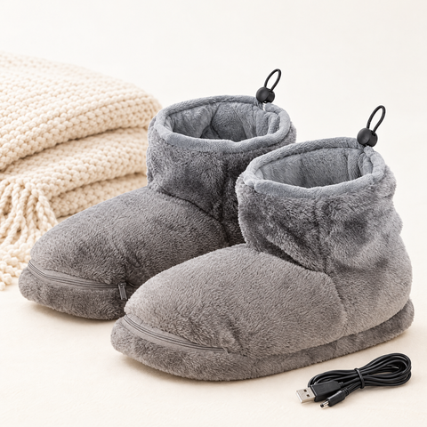 Gray plush heated slipper boots with USB cable