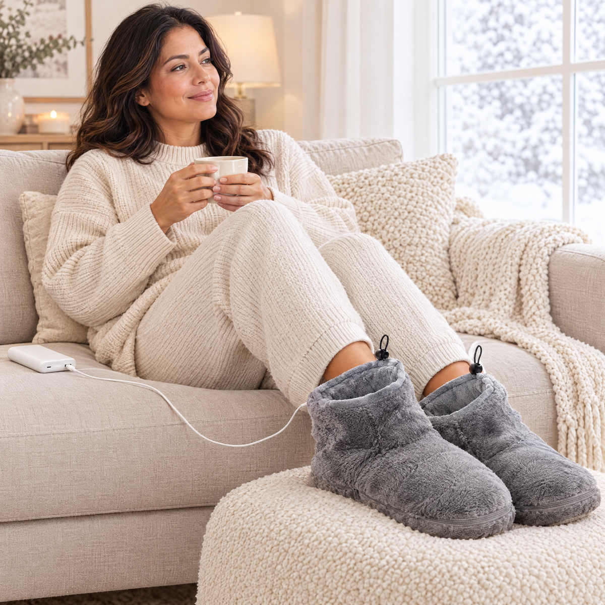 Woman relaxing on the sofa wearing gray heated slipper boots