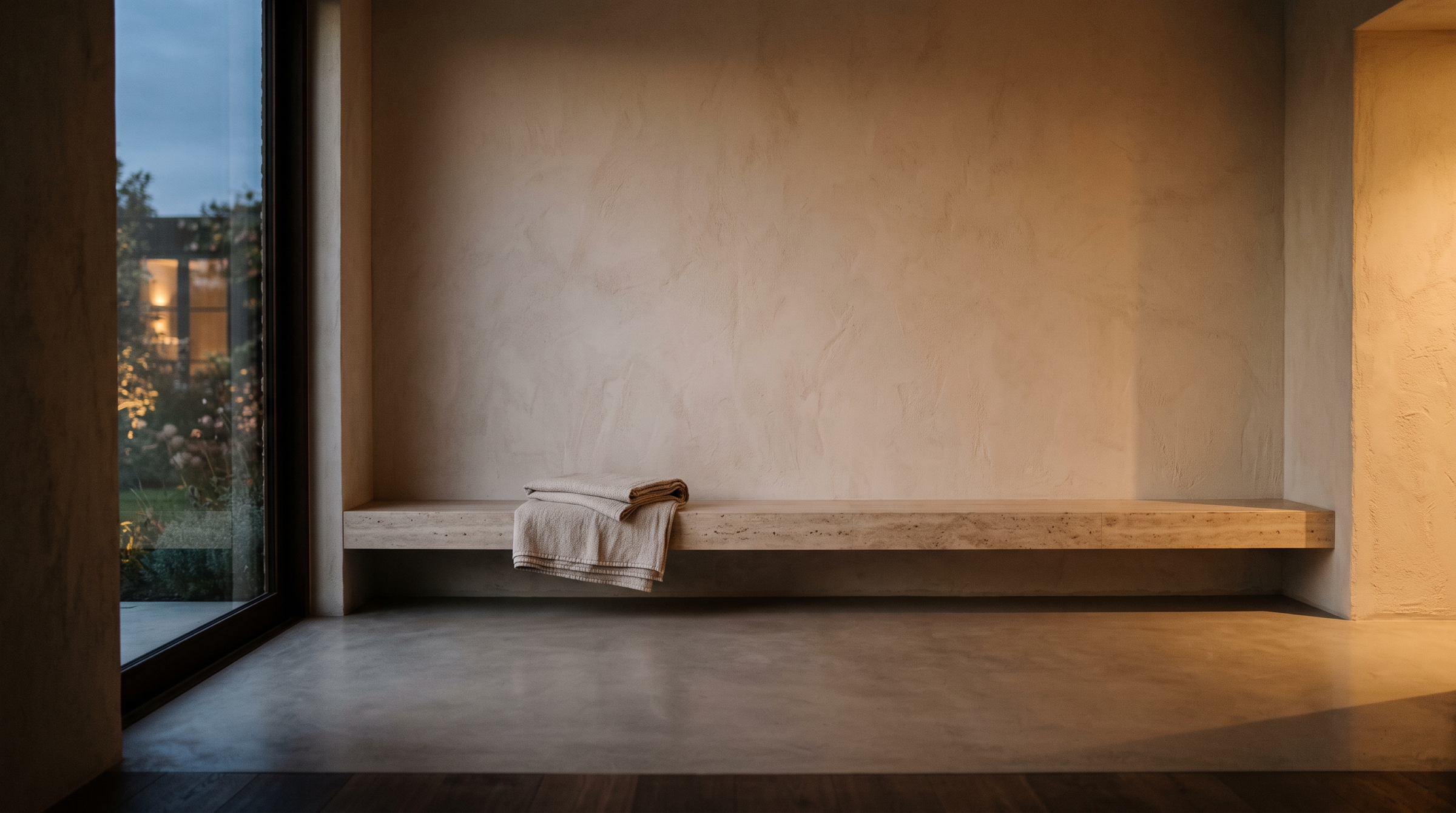 Quiet cream room at dusk
