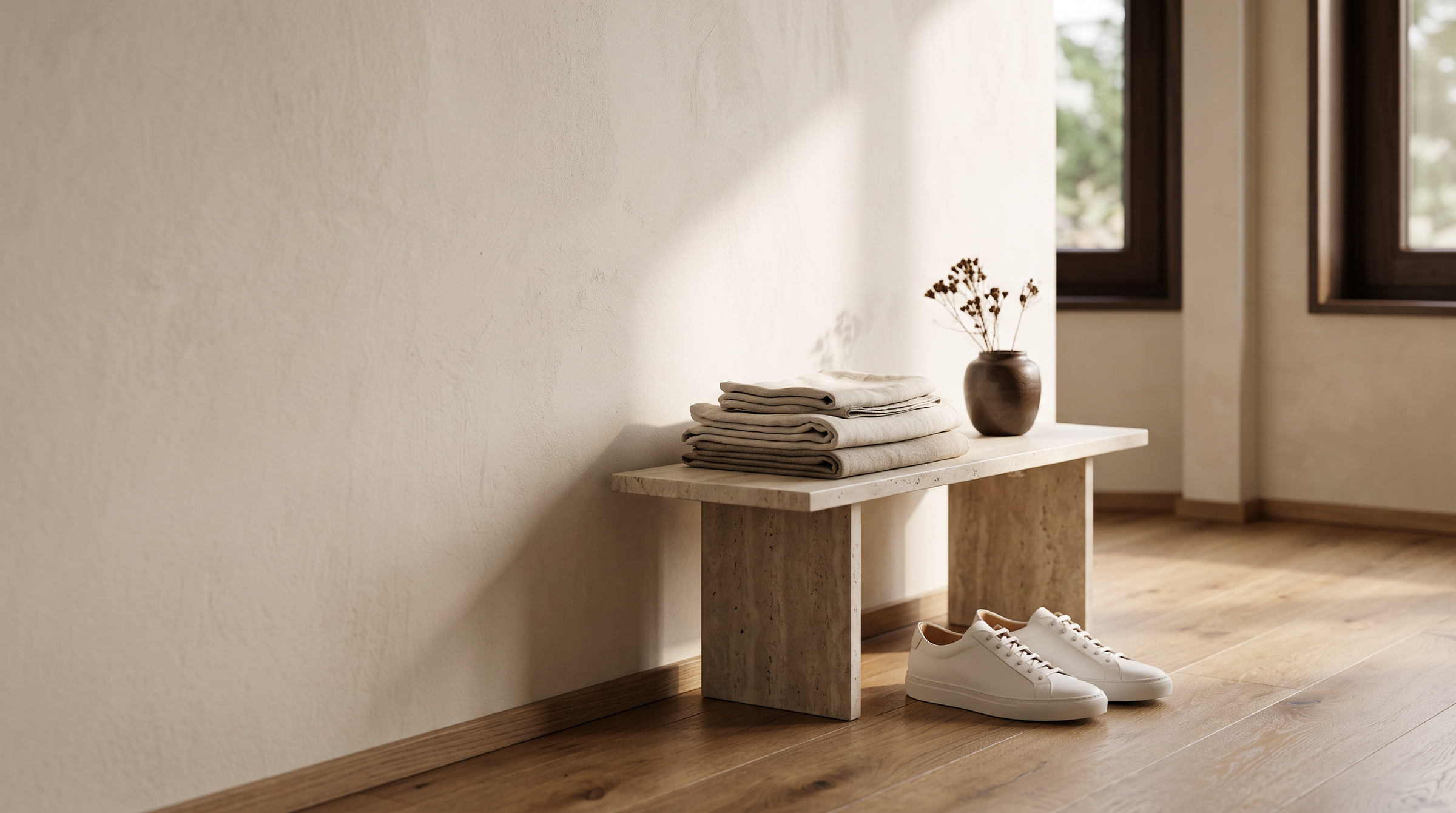 Sunlit cream apartment corner with minimalist sneakers and folded linen