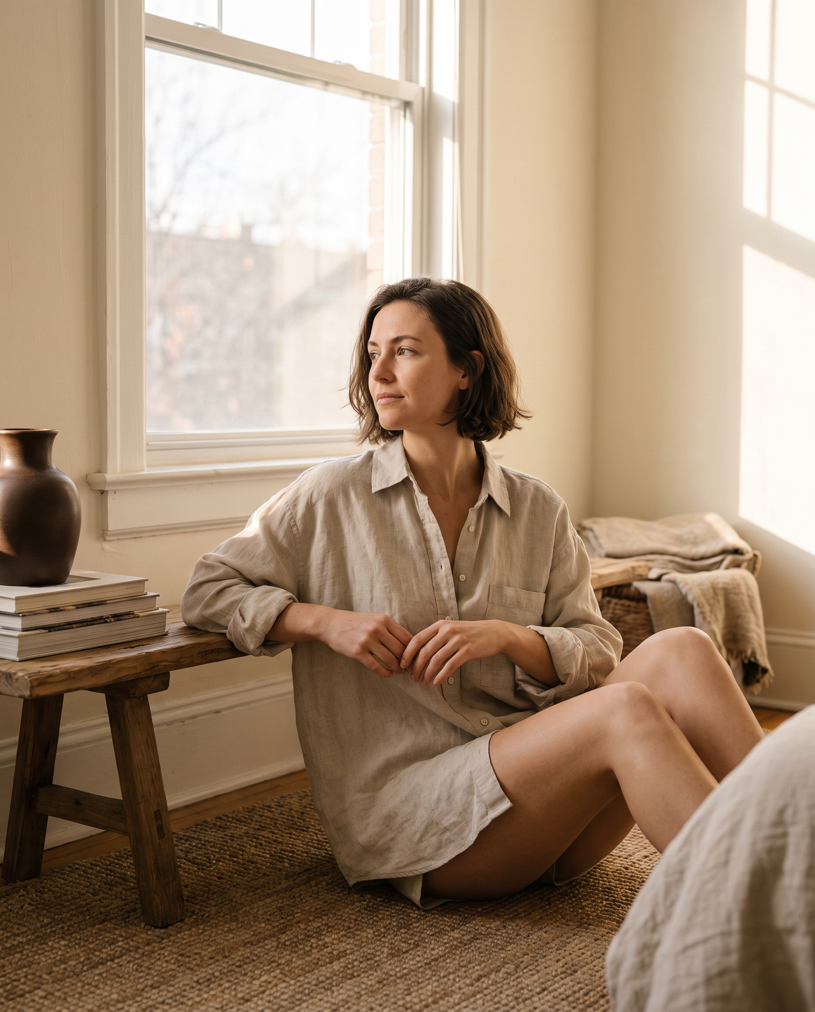 A quiet moment at home in a sunlit cream apartment